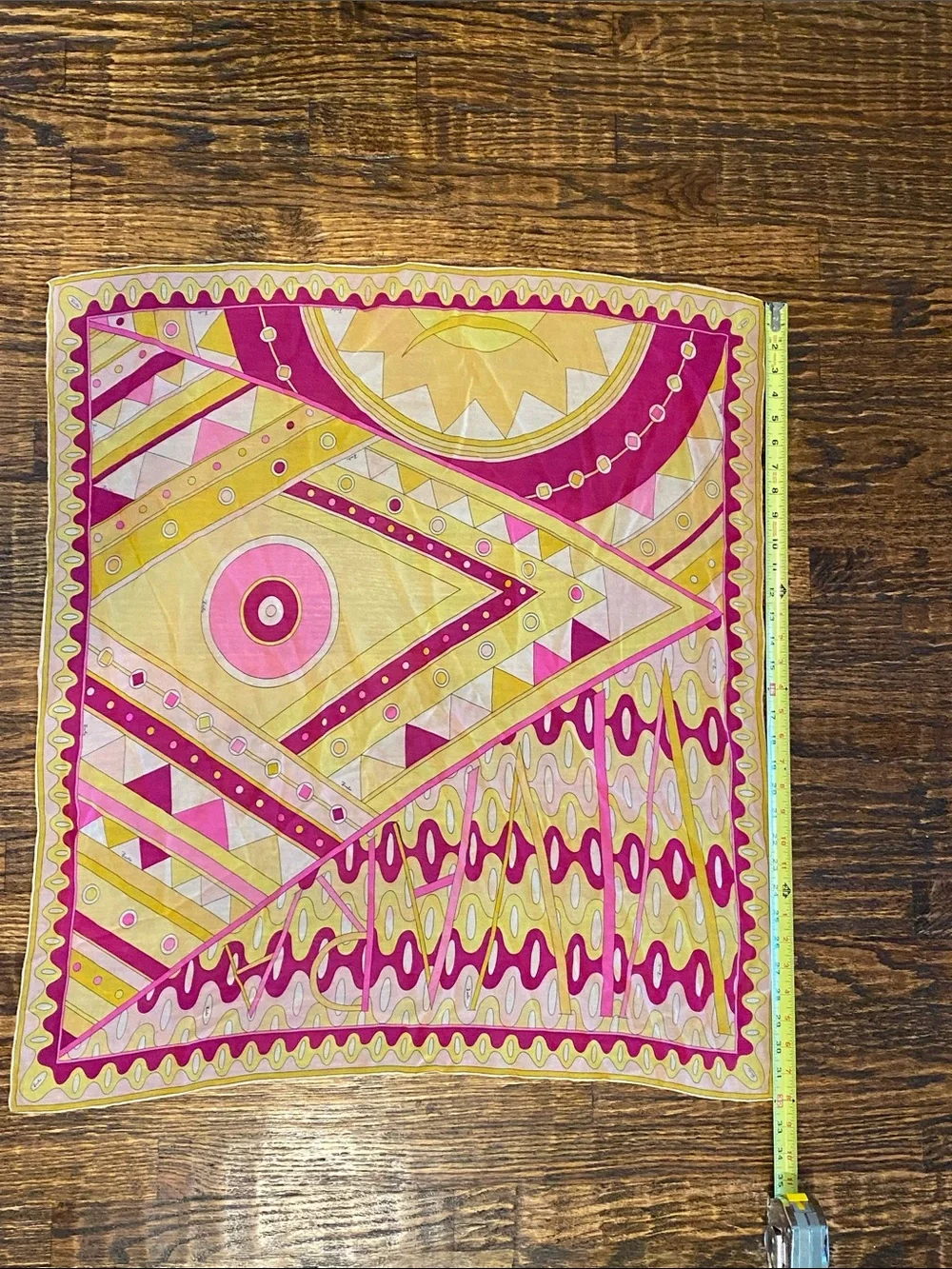 Vintage Mid Century Emilio Pucci Geometric Pink & Yellow Large Silk Scarf